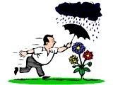 A gardener running to hold an umbrella over his prized flowers